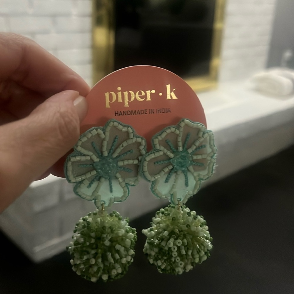 Piper K Floral Beaded Mint Green Beaded Earrings-NEW